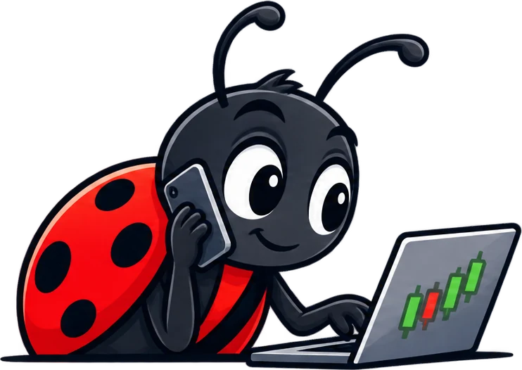 The OptionBug ladybug at a laptop, holding a phone